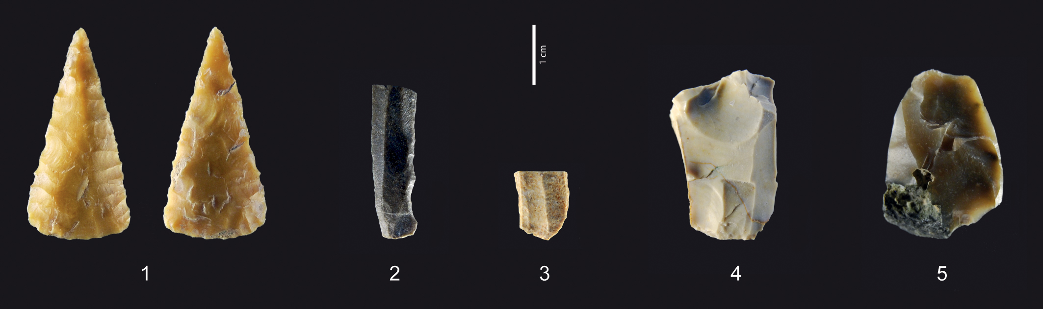 Petit outillage en silex: n° 1, pointe de flèche du Néolithique ; n° 2-5, lamelles et nucleus du Mésolithique découverts à Sur fourches (2005, 2006 et 2015). Photo J. Bullinger, MCAH