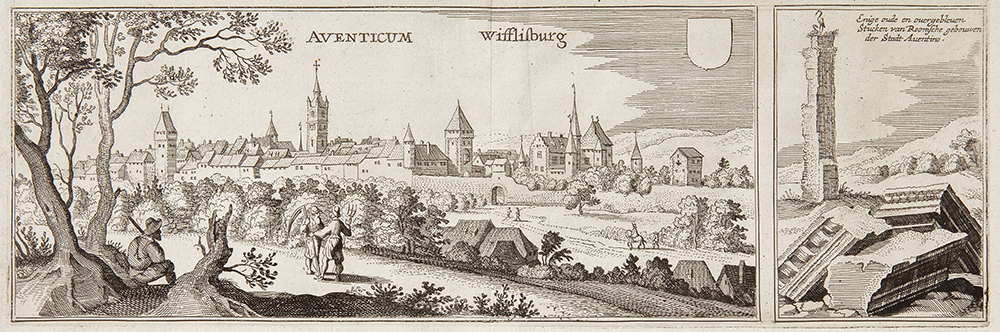 La plus ancienne vue connue et publiée d'Avenches et d'une ruine romaine, la colonne du Cigognier, par Matthäus Merian l'Ancien (1642)