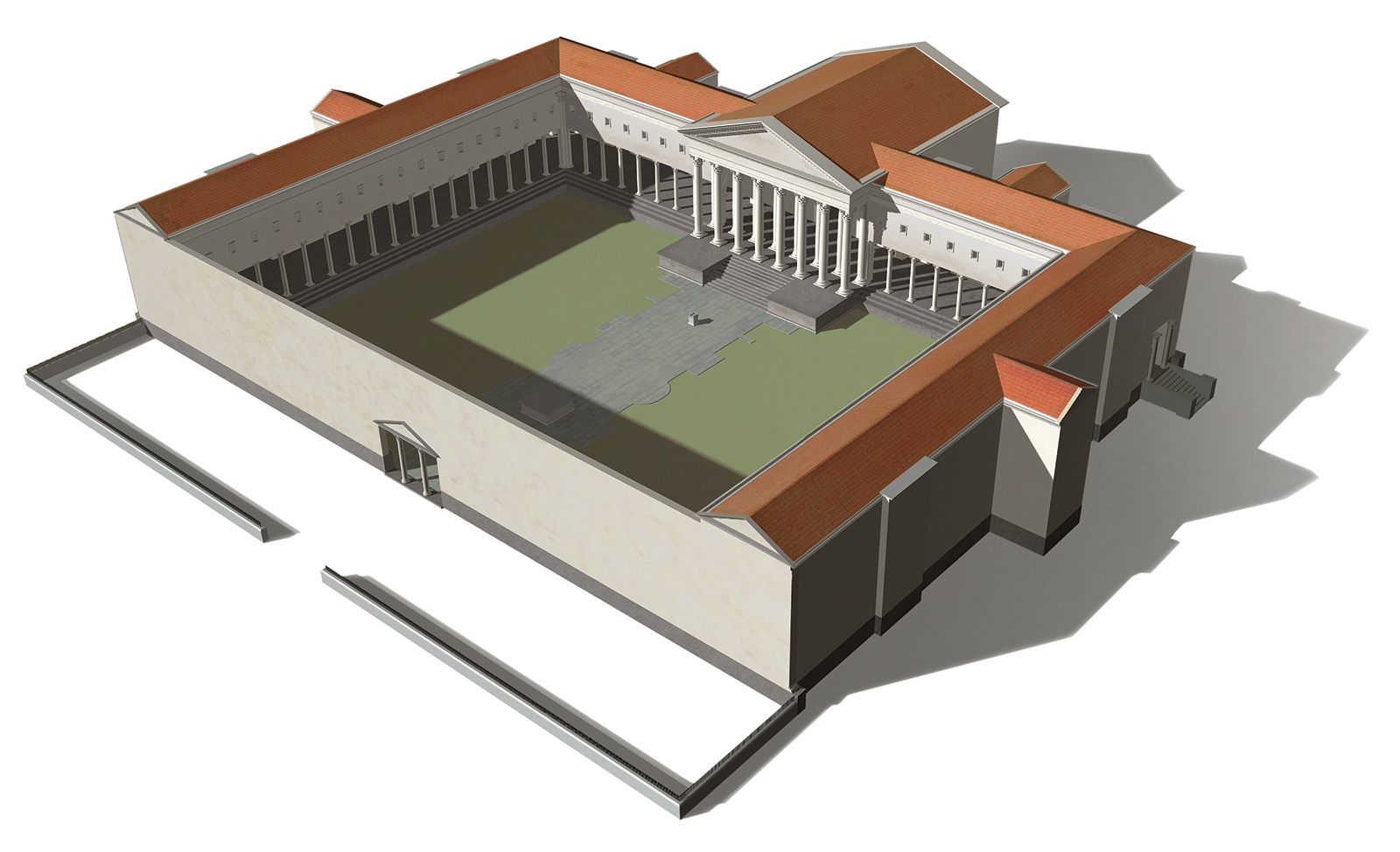 Proposition de restitution du complexe architectural du sanctuaire du Cigognier. Restitution B. Reymond