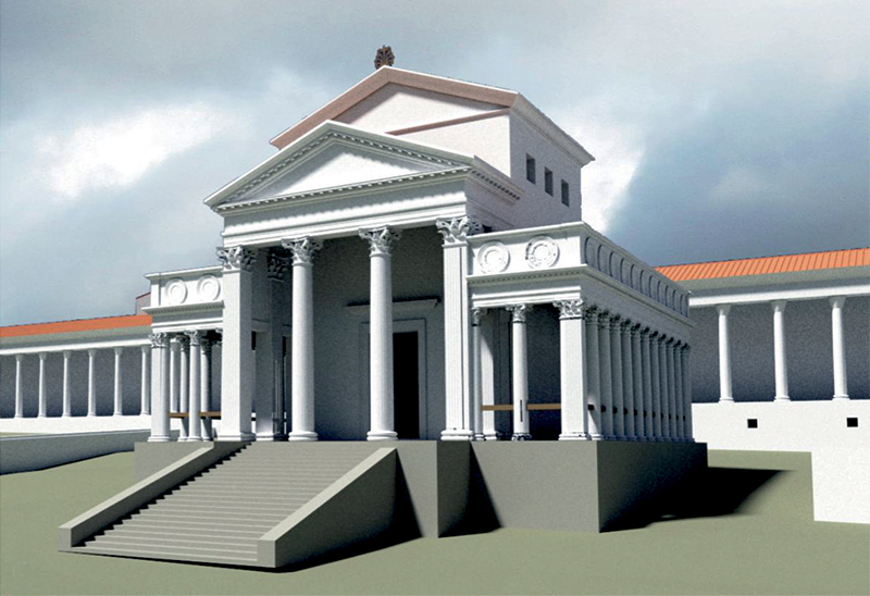 Proposition de restitution du temple de la Grange des Dîmes et du portique monumental qui délimite l'aire sacrée. Restitution M. Glaus et Th. Hufschmid