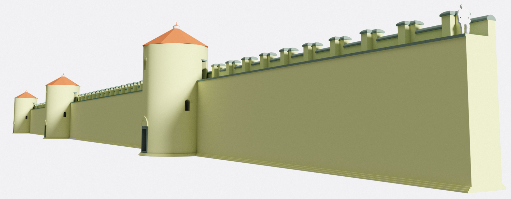 Proposition de restitution du mur d'enceinte, de sa courtine crénelée et de ses tours internes. Restitution M. Flück