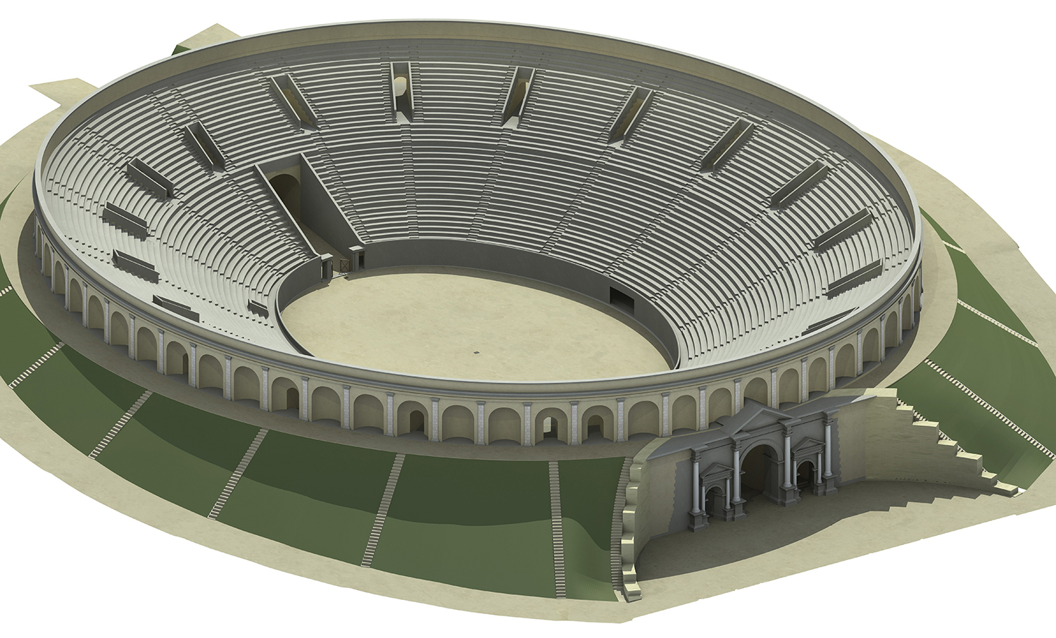 Proposition de restitution de l'amphithéâtre dans son état le plus récent. Restitution Archeotech SA