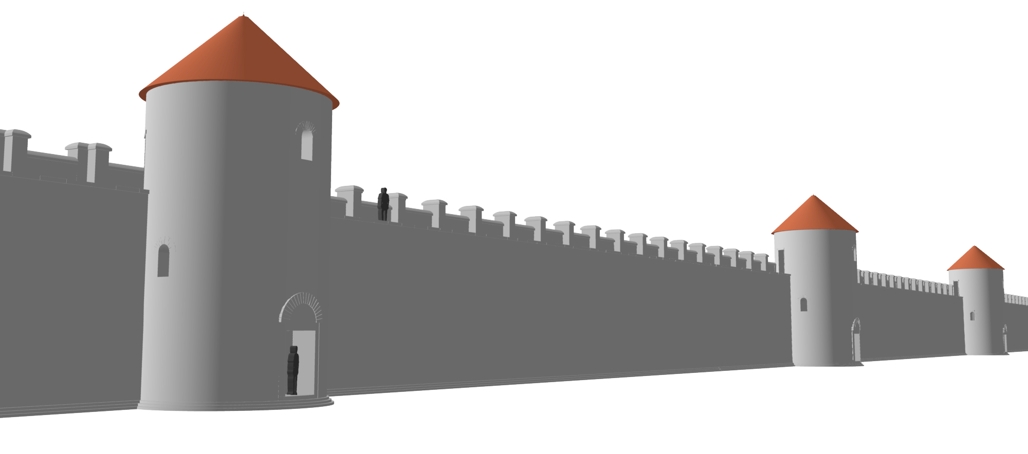 Proposition de restitution du mur d'enceinte avec ses tours disposées tous les 70 m en moyenne. Restitution M. Flück