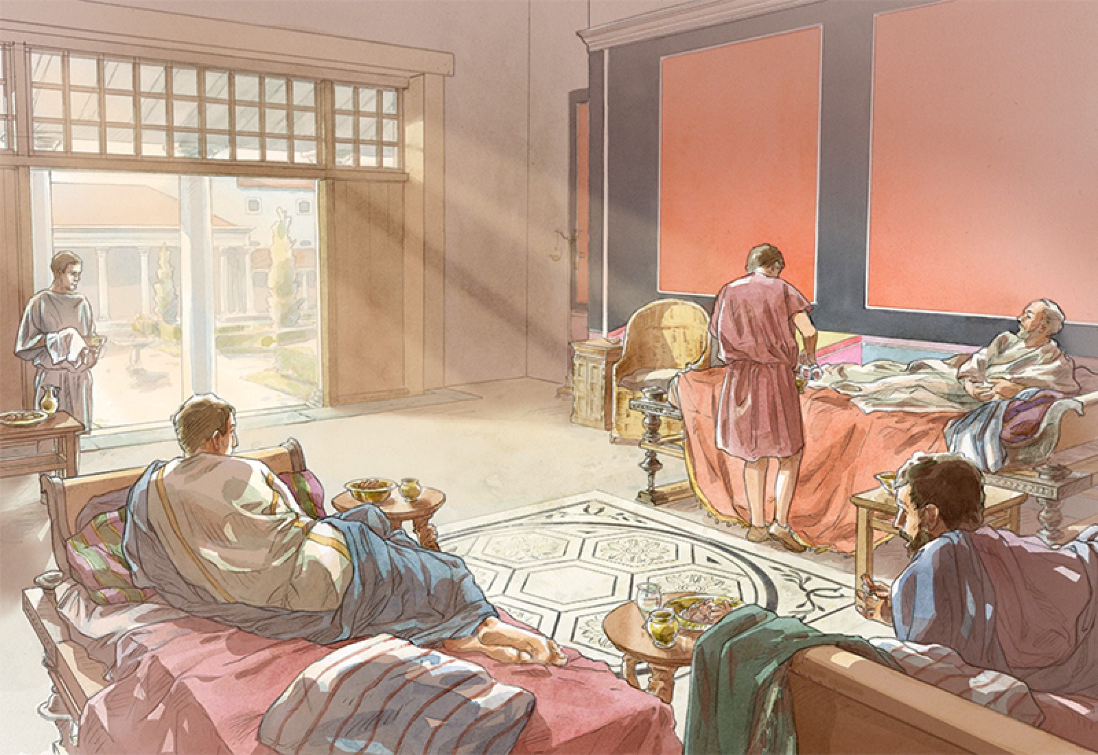 Scène de repas dans le triclinium d'été. Illustration B. Reymond