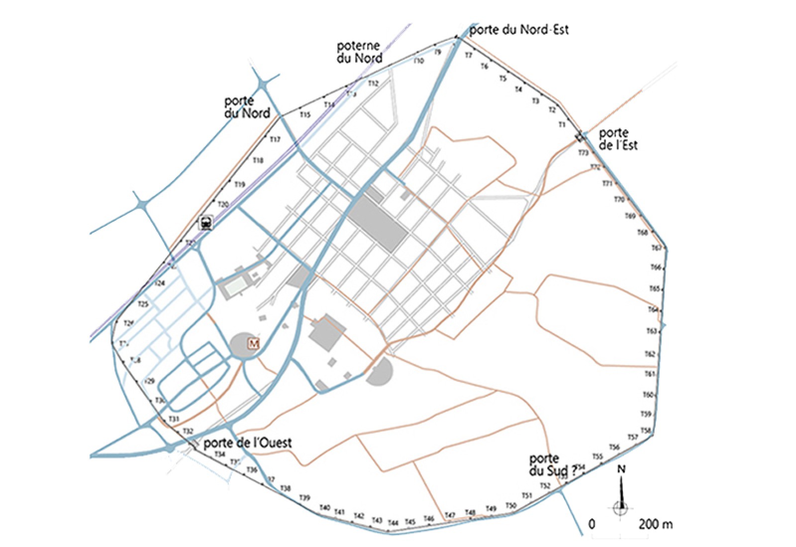 Plan du mur d'enceinte avec la localisation de ses portes et de ses 70 tours