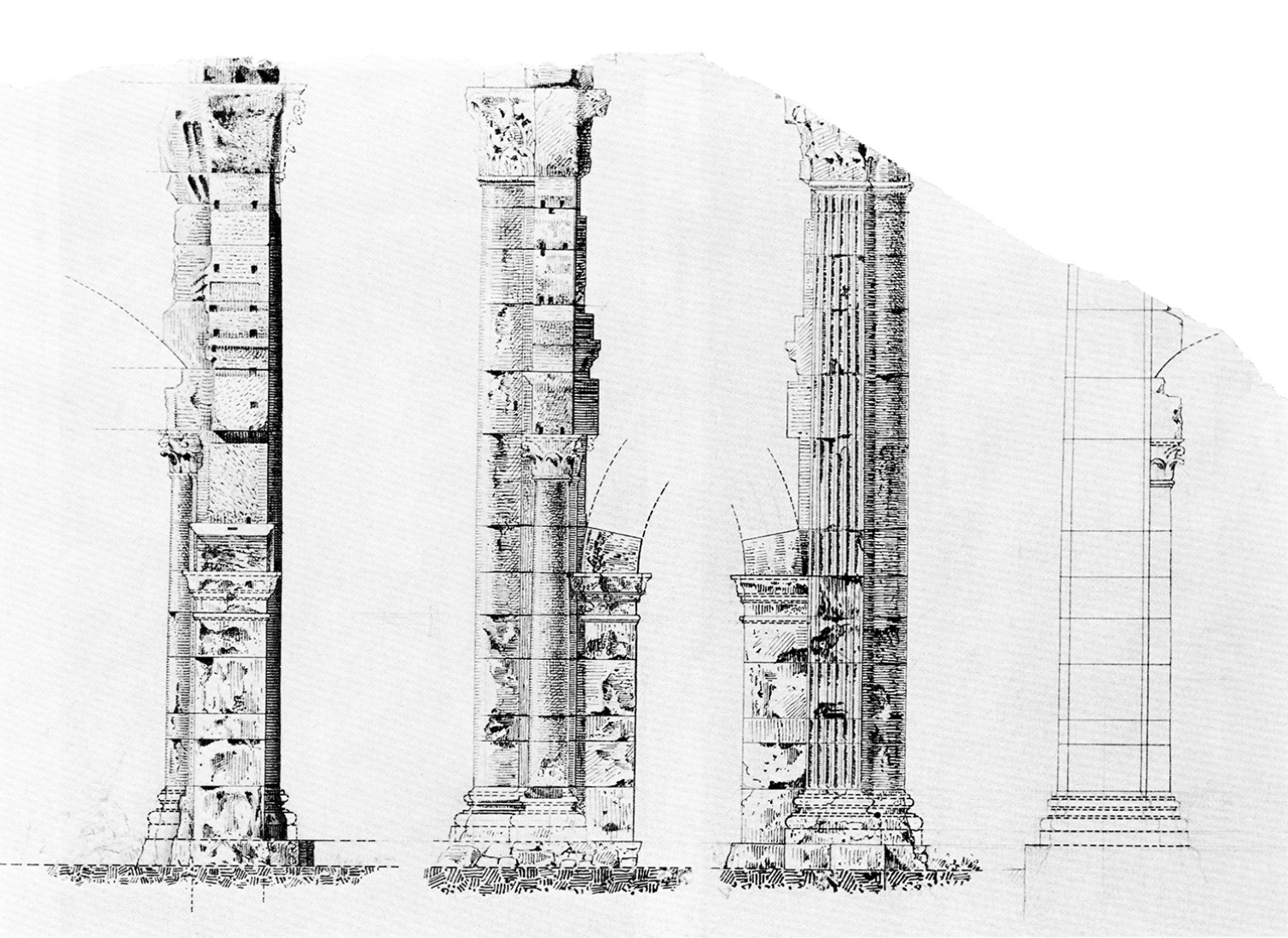 La colonne du Cigognier est composée de 14 blocs de calcaire blanc. Relevé des quatre faces par Paul Schatzmann en 1918