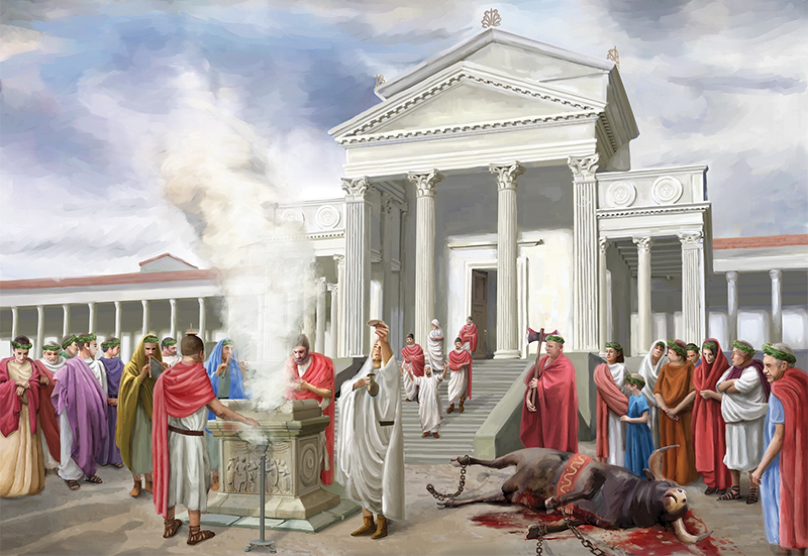 Scène de sacrifice autour de l'autel dressé au pied du temple. Illustration Ph. Bürli