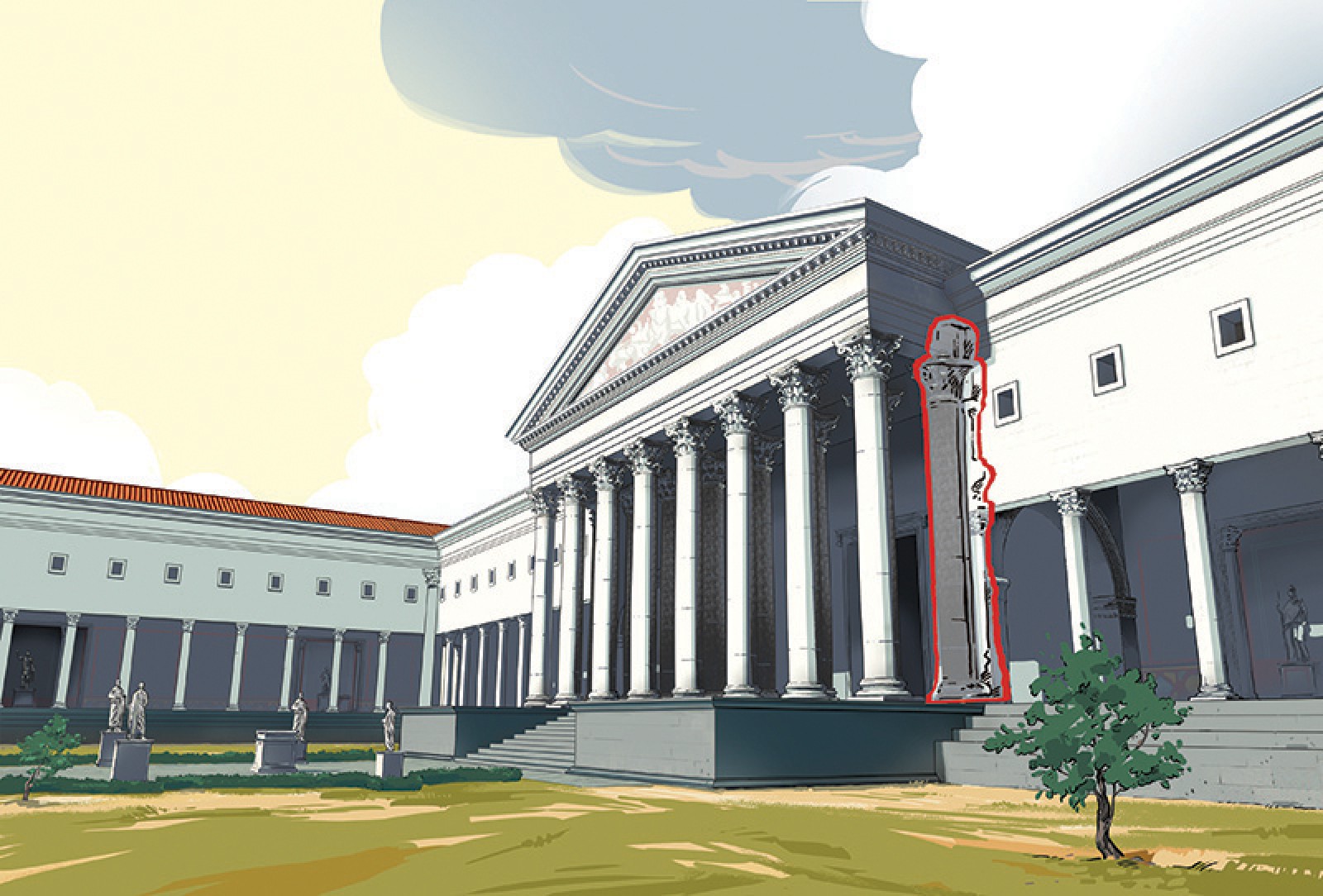 Proposition de restitution du temple avec, en surimpression, la colonne conservée aujourd'hui. Illustration B. Reymond