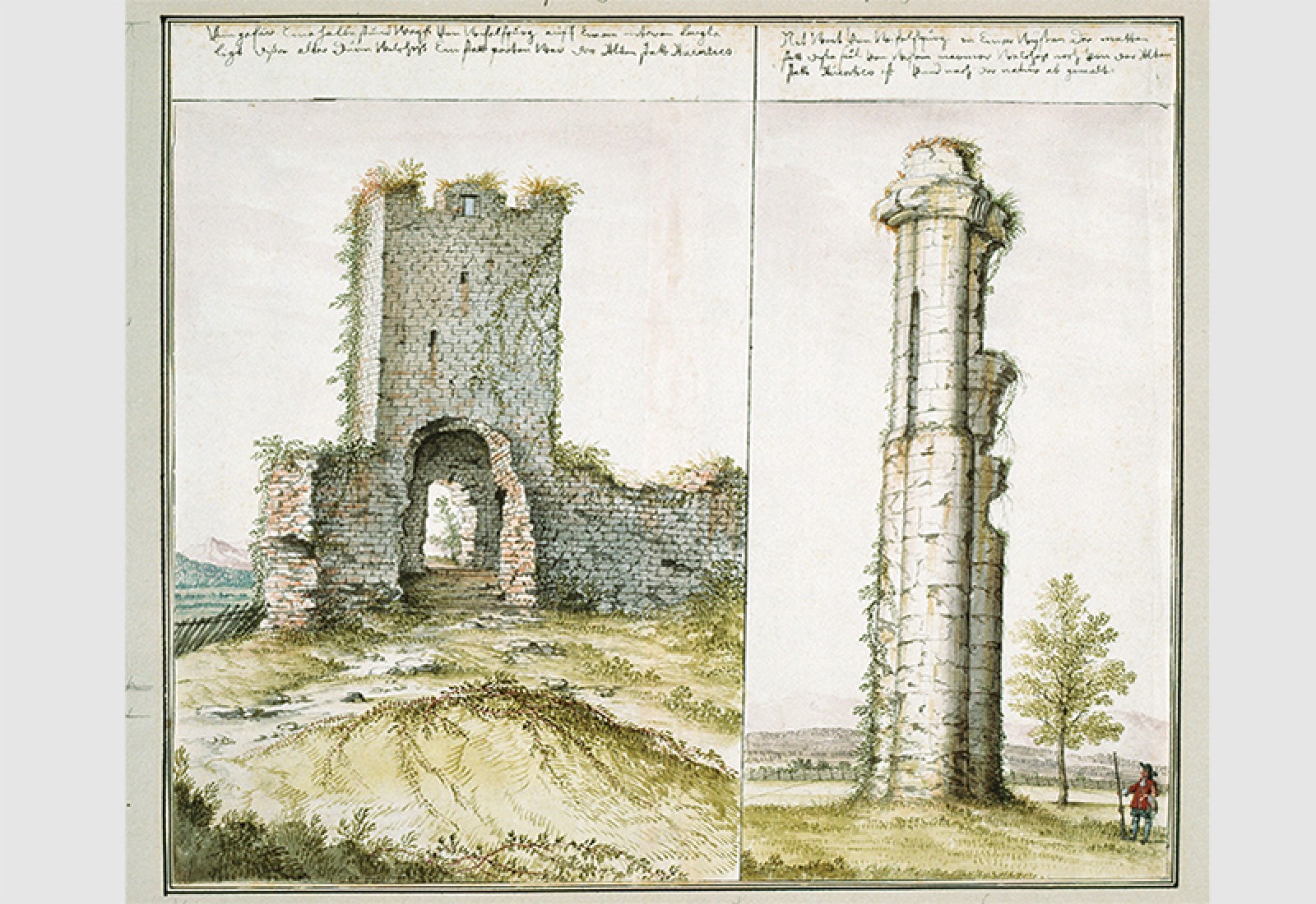 La tour de la Tornallaz avec l’ouverture d’époque médiévale et la colonne du Cigognier vers 1670. Aquarelle de Albrecht Kauw