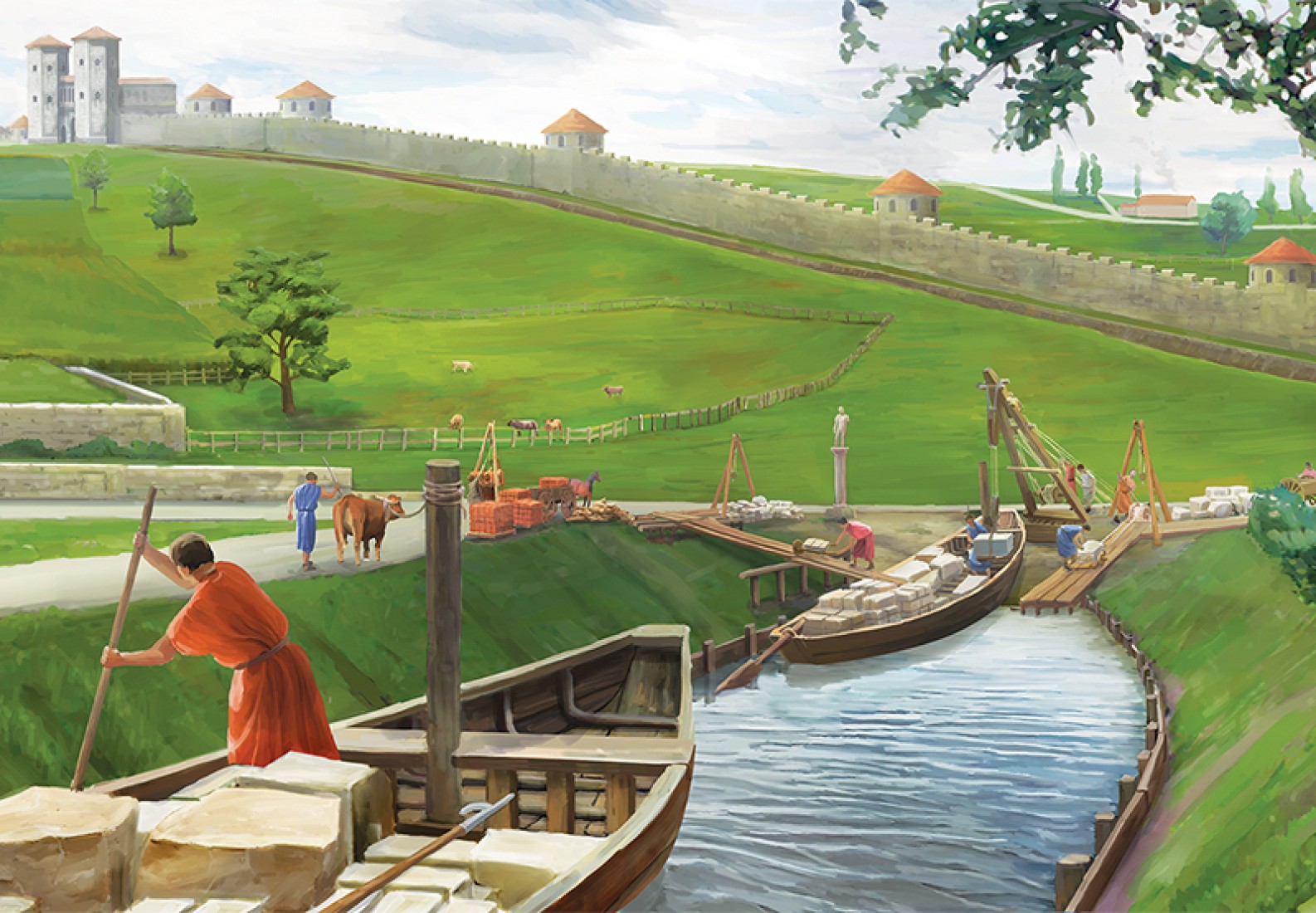Scène de déchargement le long du canal romain; à l'arrière-plan le mur d'enceinte et la porte de l'Est. Illustration Ph. Bürli