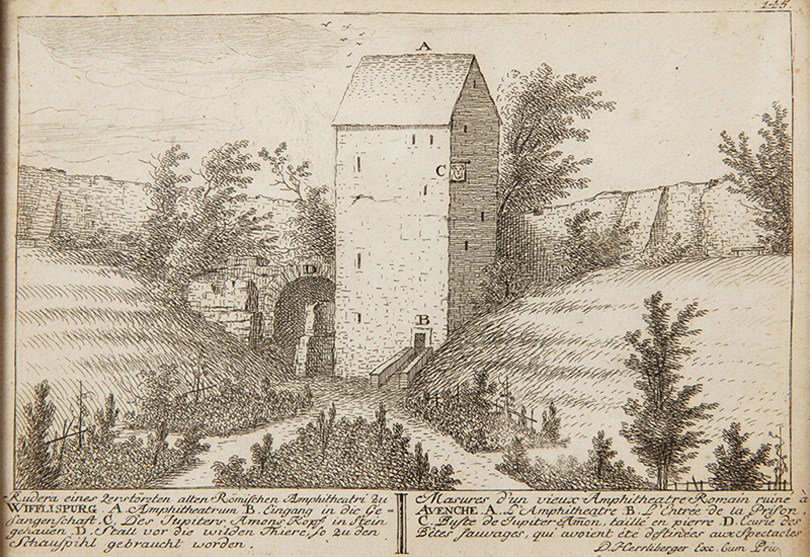 Gravure représentant l'amphithéâtre et la tour médiévale réalisée par David Herrliberger en 1754