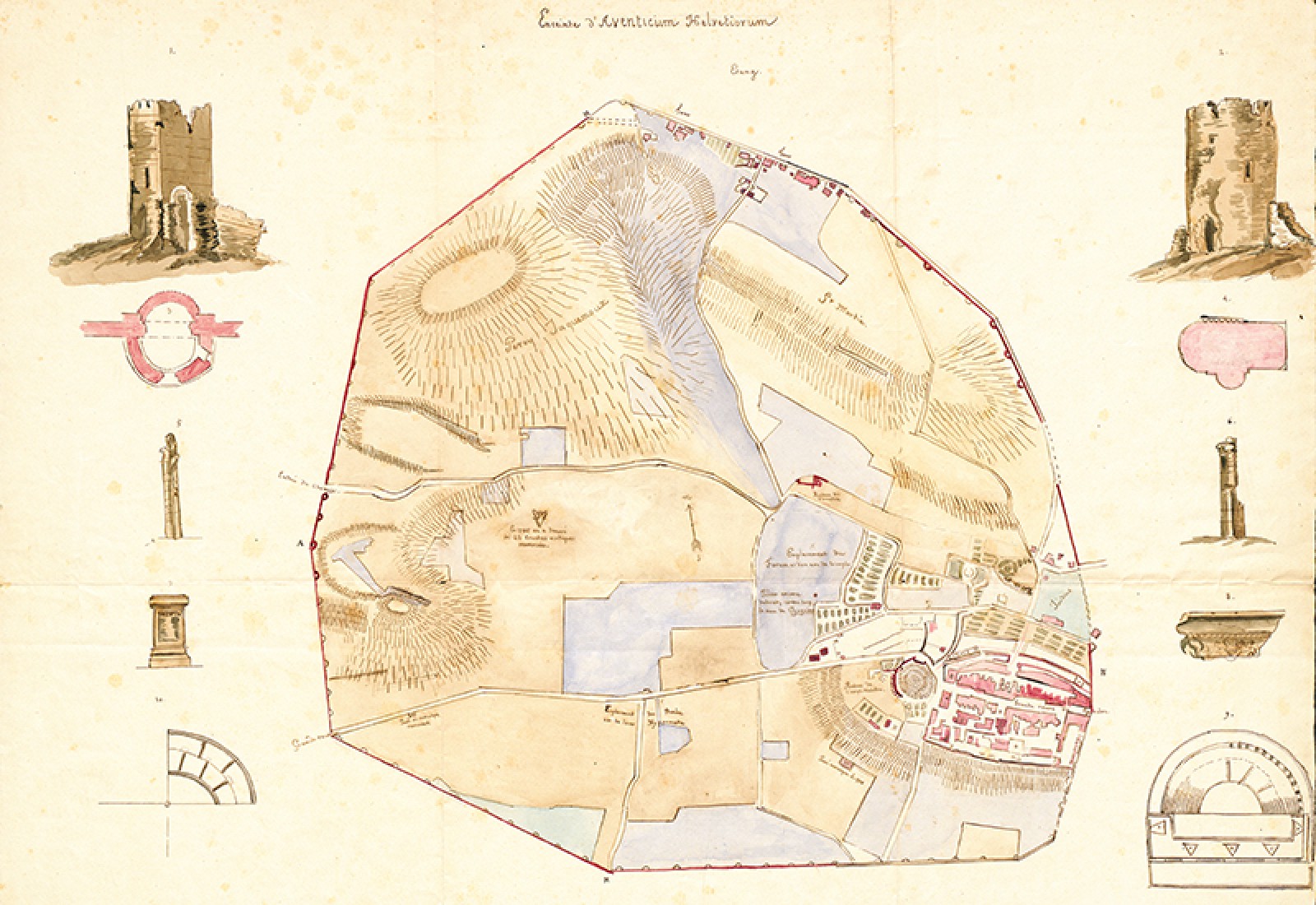 Plan d’Avenches par Louis Duvoisin, avec les principaux vestiges connus (1845)