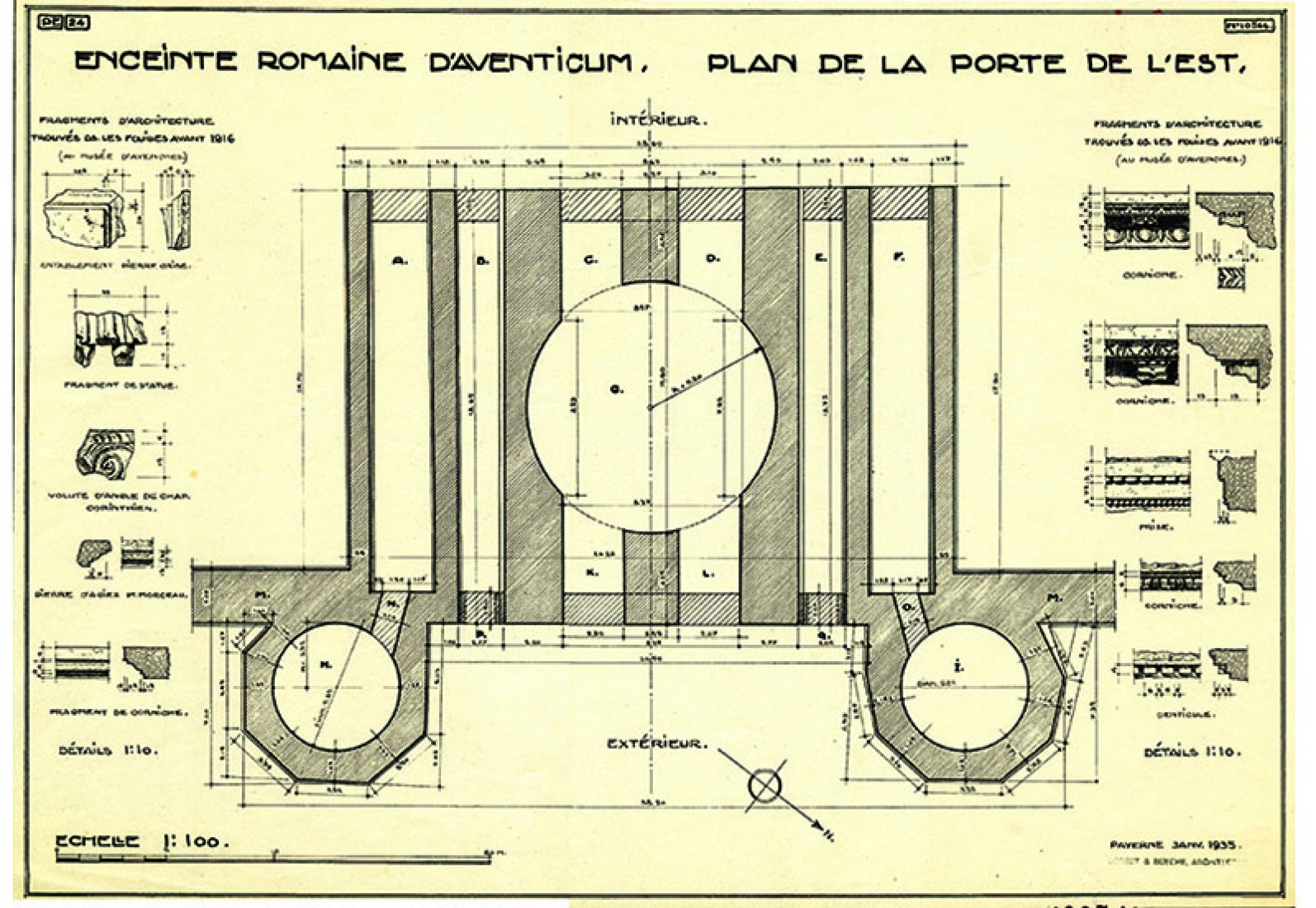 Plan de la porte après la fin des travaux en 1935, avec plusieurs éléments architecturaux découverts lors des fouilles