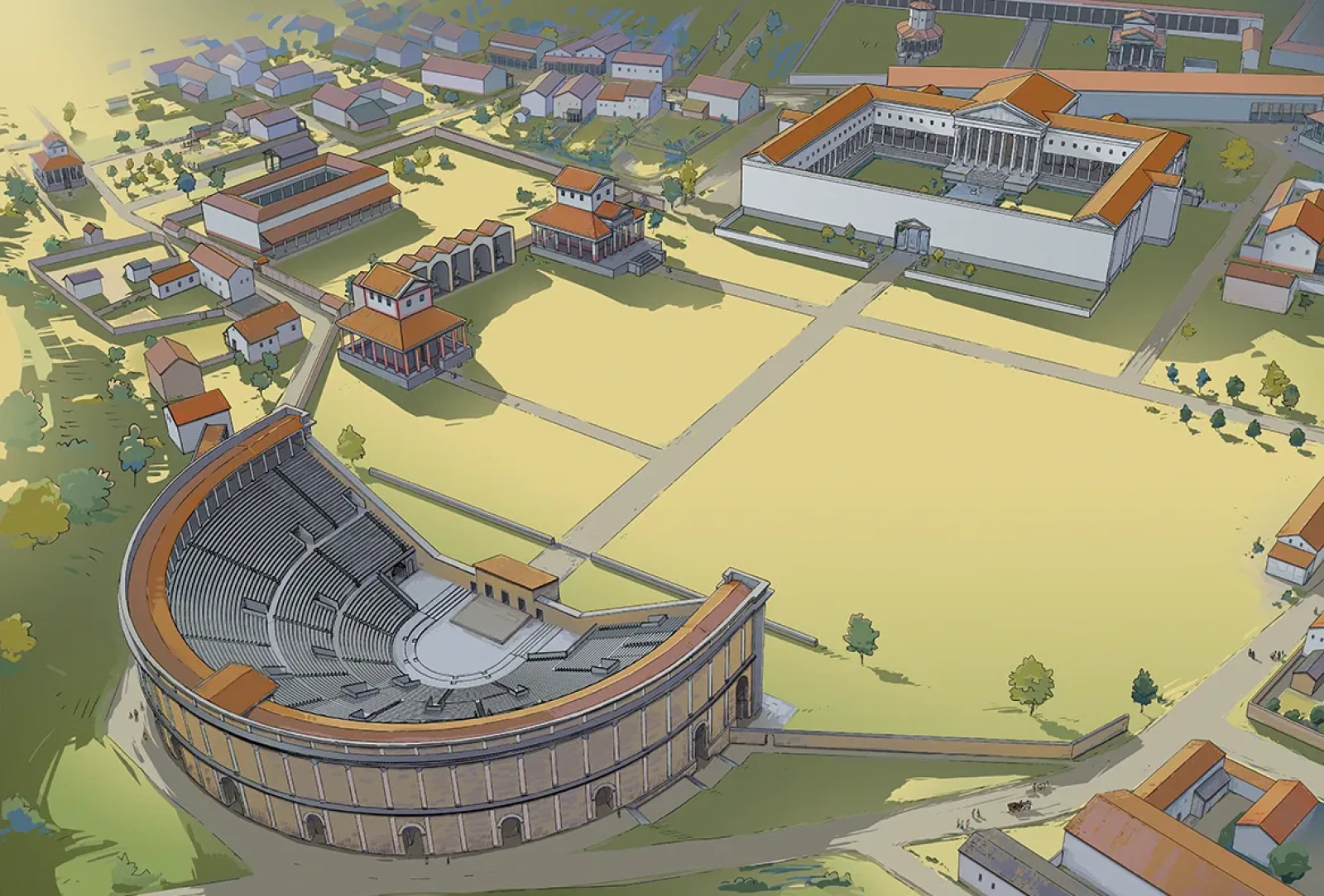 Proposition de restitution du complexe théâtre, sanctuaire du Cigognier et temples du Lavoëx. Illustration B. Reymond