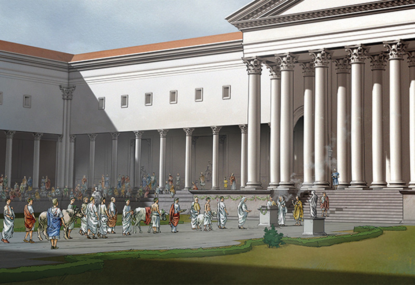 Scène de procession sur l'allée centrale de la grande cour menant au temple. Illustration B. Reymond