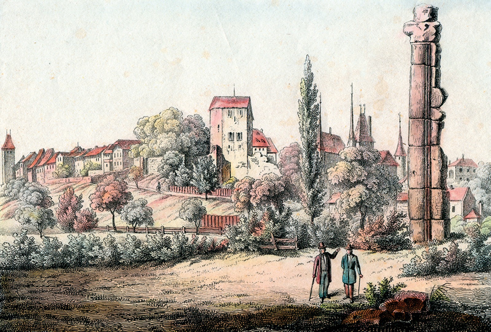 Vue de la ville d'Avenches avec le Cigognier vers 1838. Gravure colorisée de Johann Friedrich Wagner