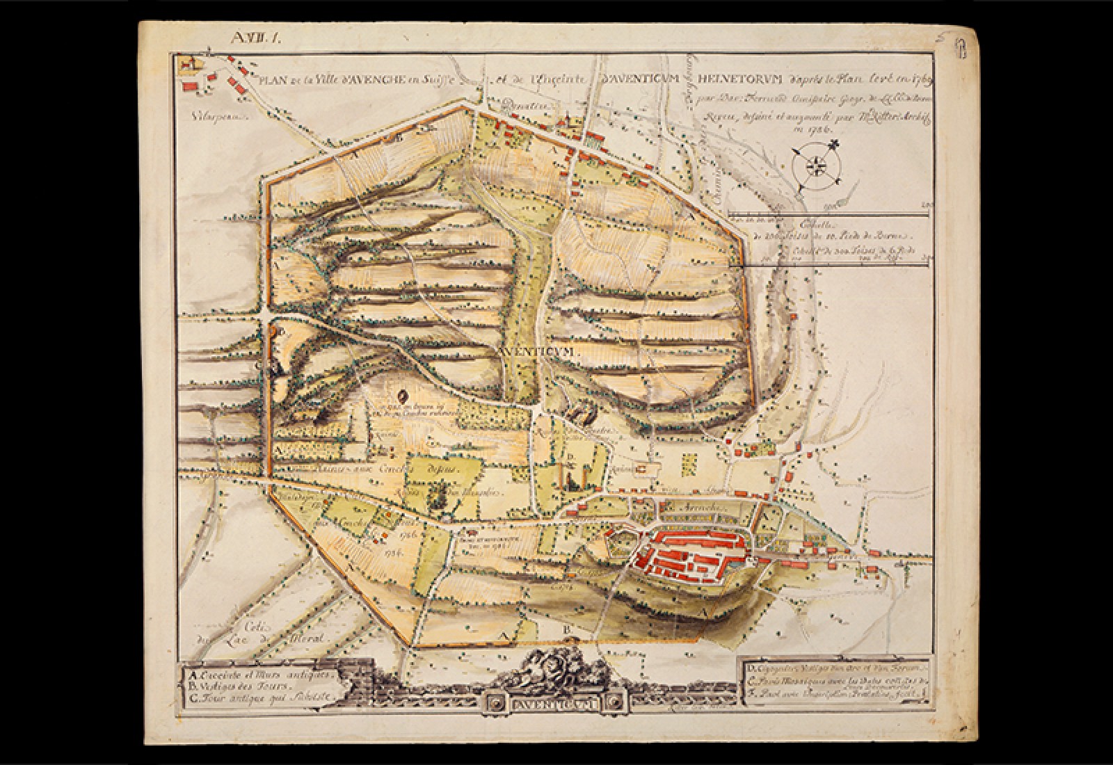 Plan de la ville d'Avenches par Erasmus Ritter avec les vestiges archéologiques, les parcelles, les routes et les maisons (1786)