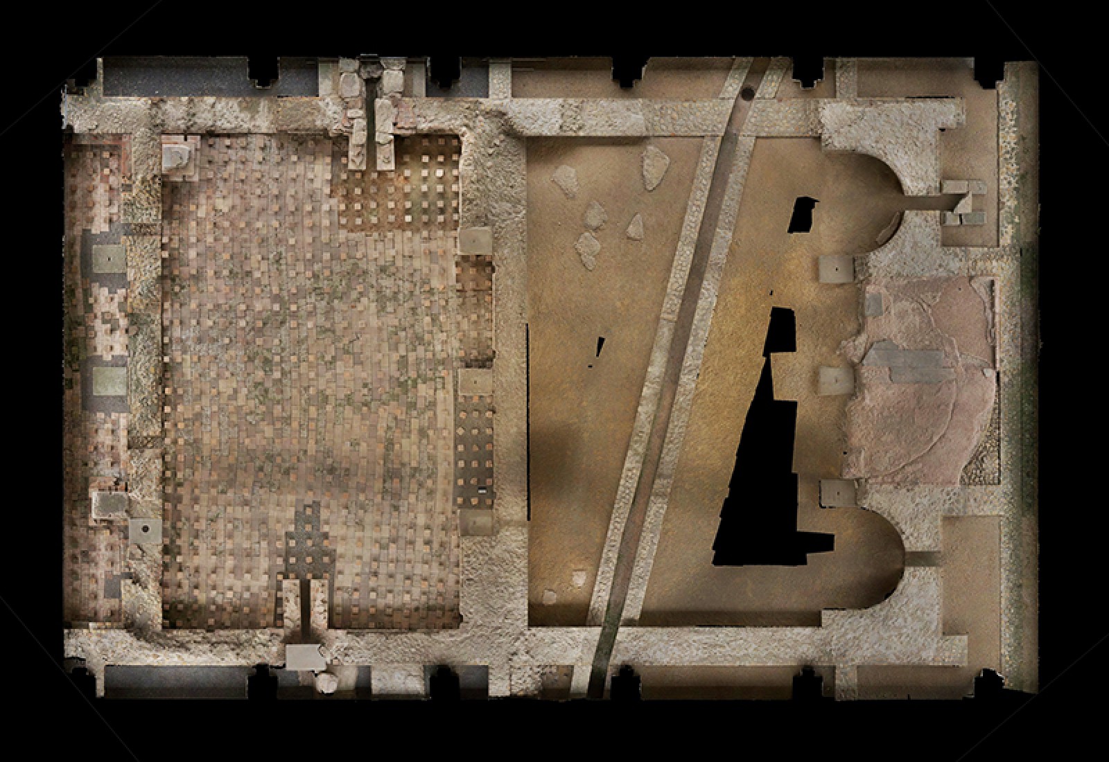 Orthophoto (image redressée) des thermes dans leur état restauré. Le frigidarium à droite et le tepidarium à gauche