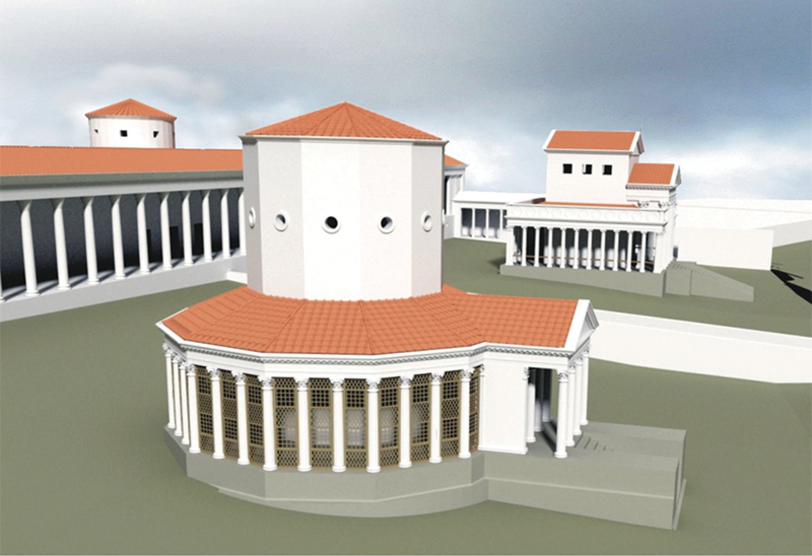 Le sanctuaire, avec le temple rond et le temple de la Grange des Dîmes. Restitution M. Glaus et Th. Hufschmid