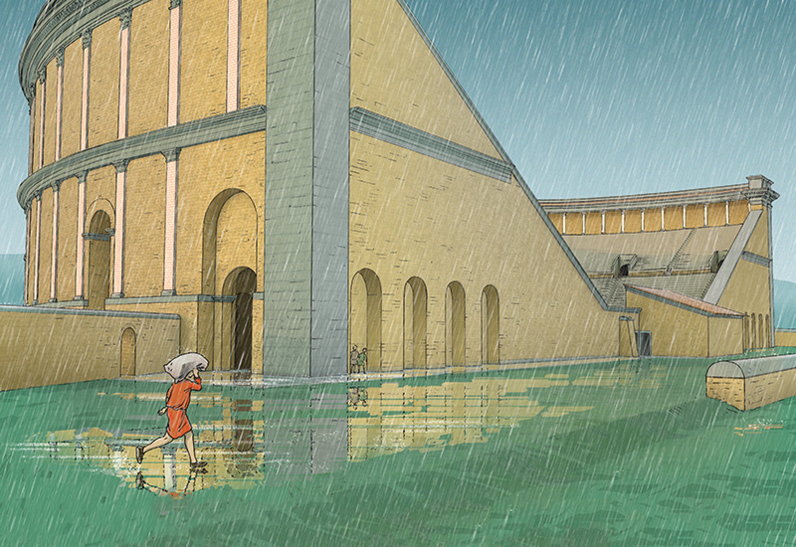 Devant la halle d'entrée nord-est, avec sa façade à pilastres sur deux étages. Illustration B. Reymond