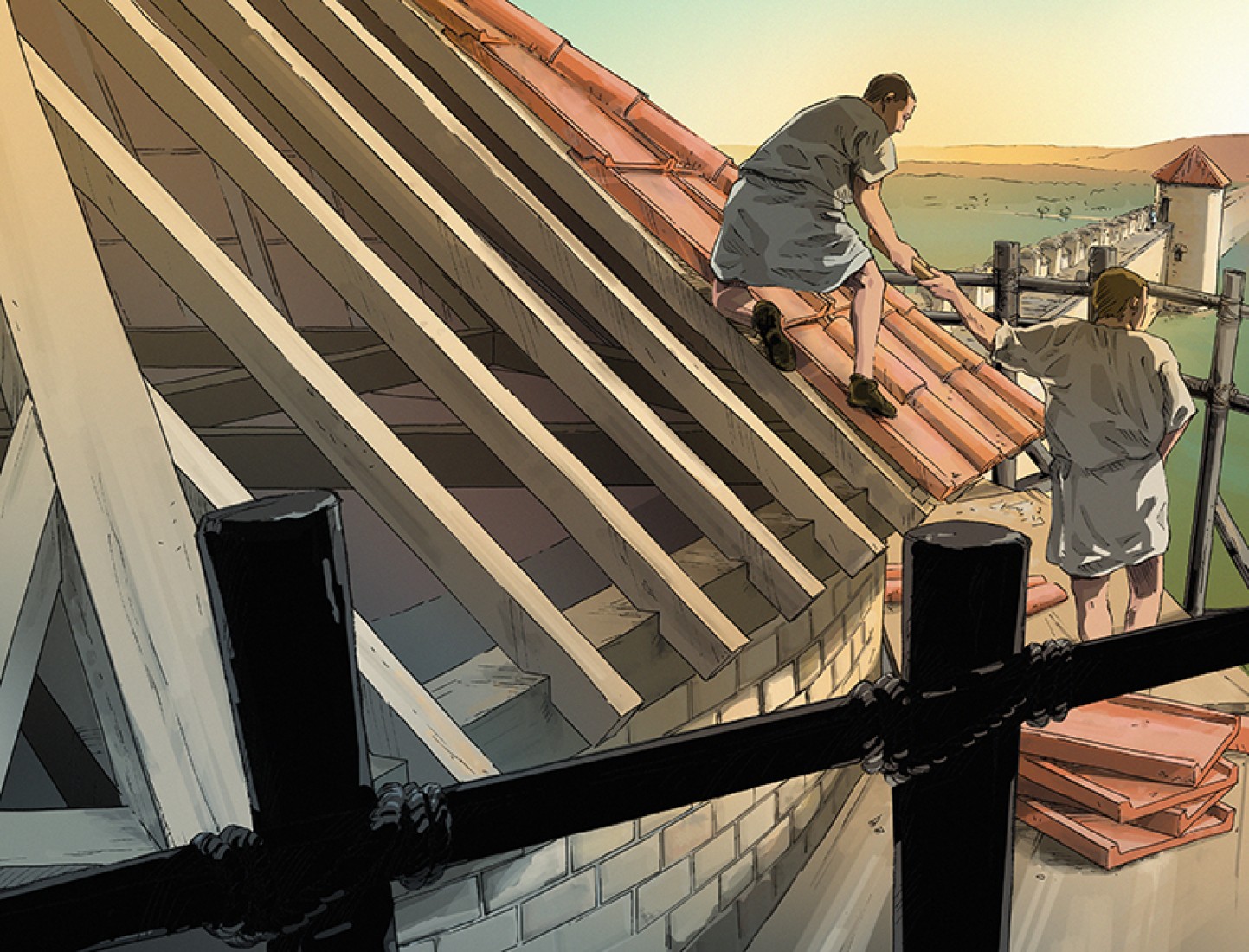 La Tornallaz, comme toutes les tours, était coiffée d'une toiture de tuiles plates de forme trapézoïdale. Illustration B. Reymond