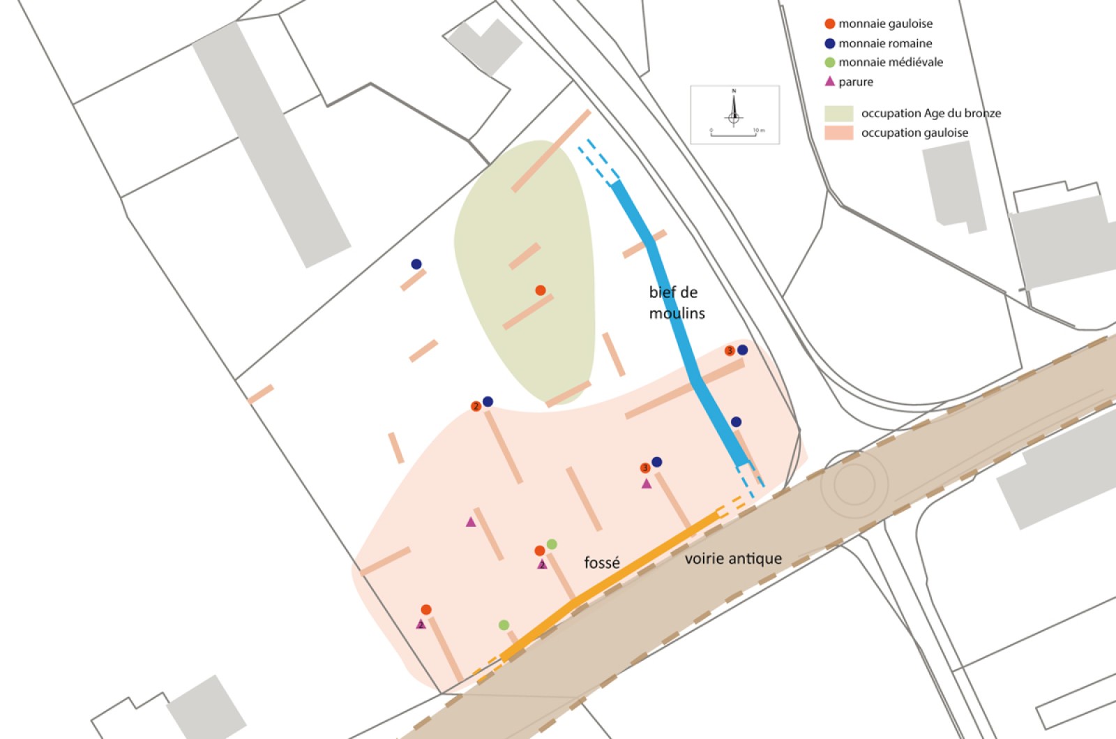 Plan des sondages et situation schématique des vestiges, des monnaies et des parures par périodes chronologiques