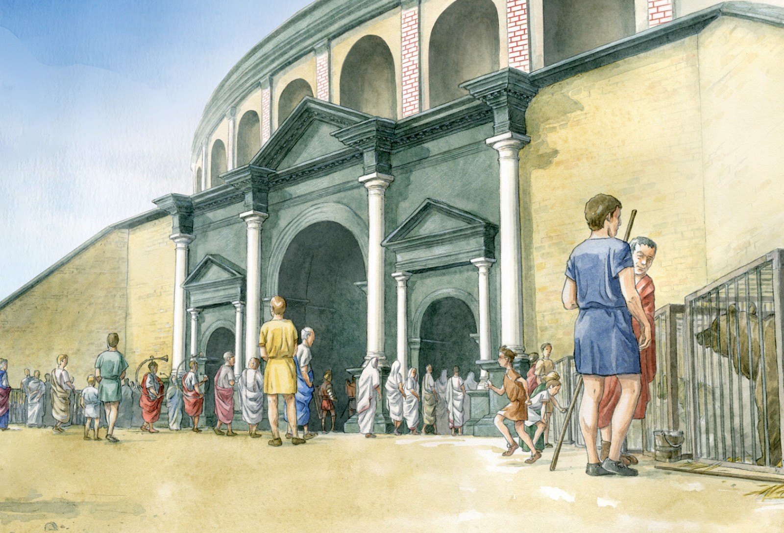 Scène devant le portail d'accès principal, évoquant un arc de triomphe. Illustration B. Reymond