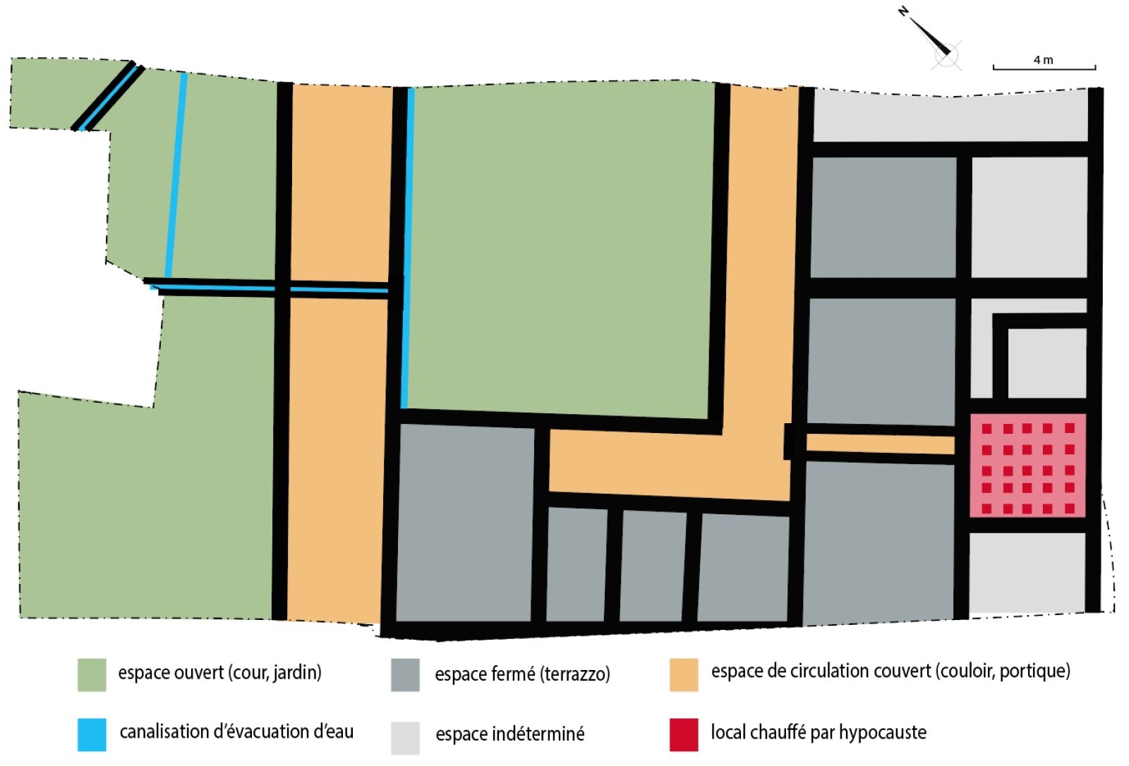 Plan schématique de l'état le plus récent, avec attribution fonctionnelle des différents espaces et locaux