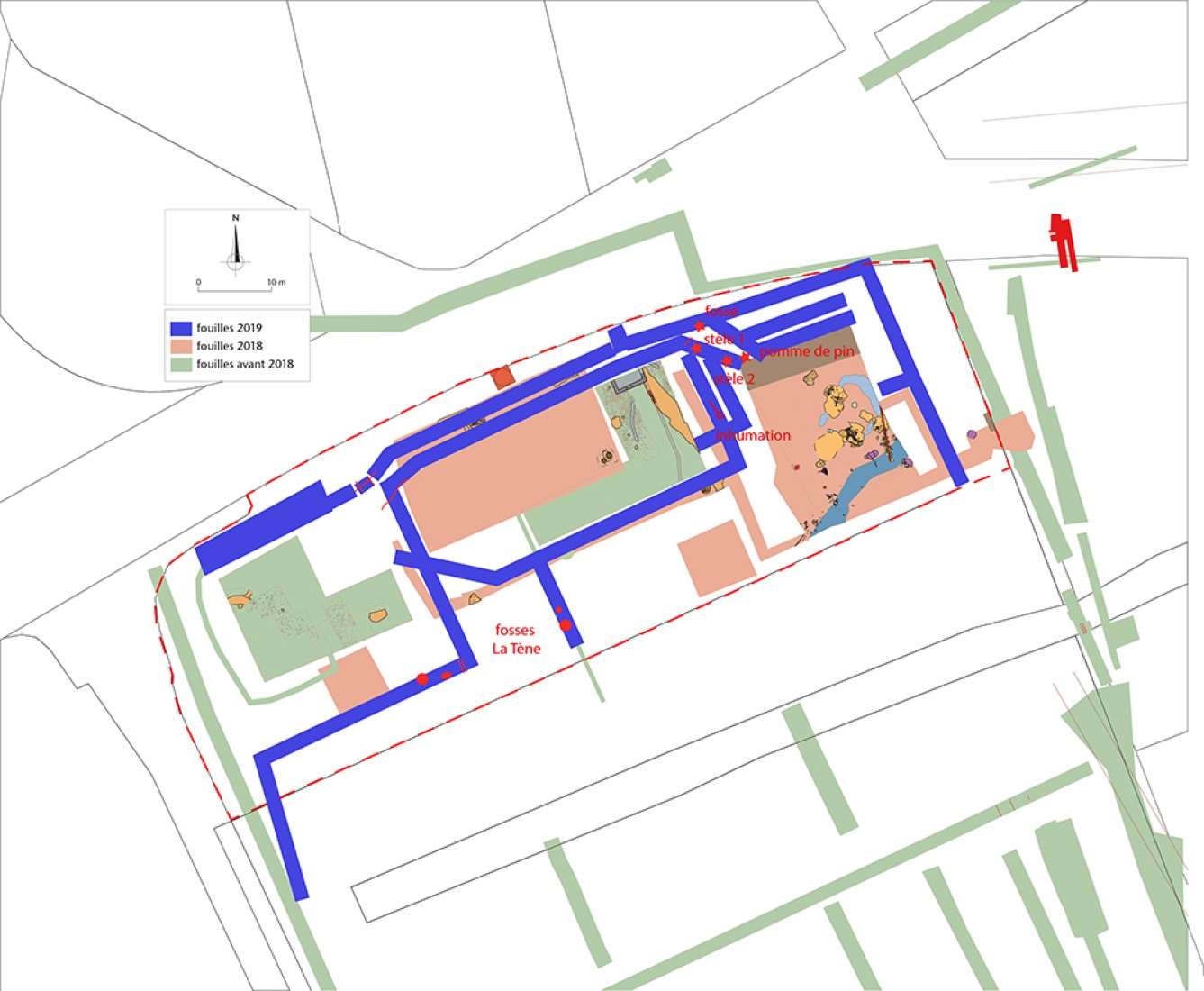 Plan des zones fouillées en 2017 et 2018 (vert et rose). En bleu, les tranchées de 2019