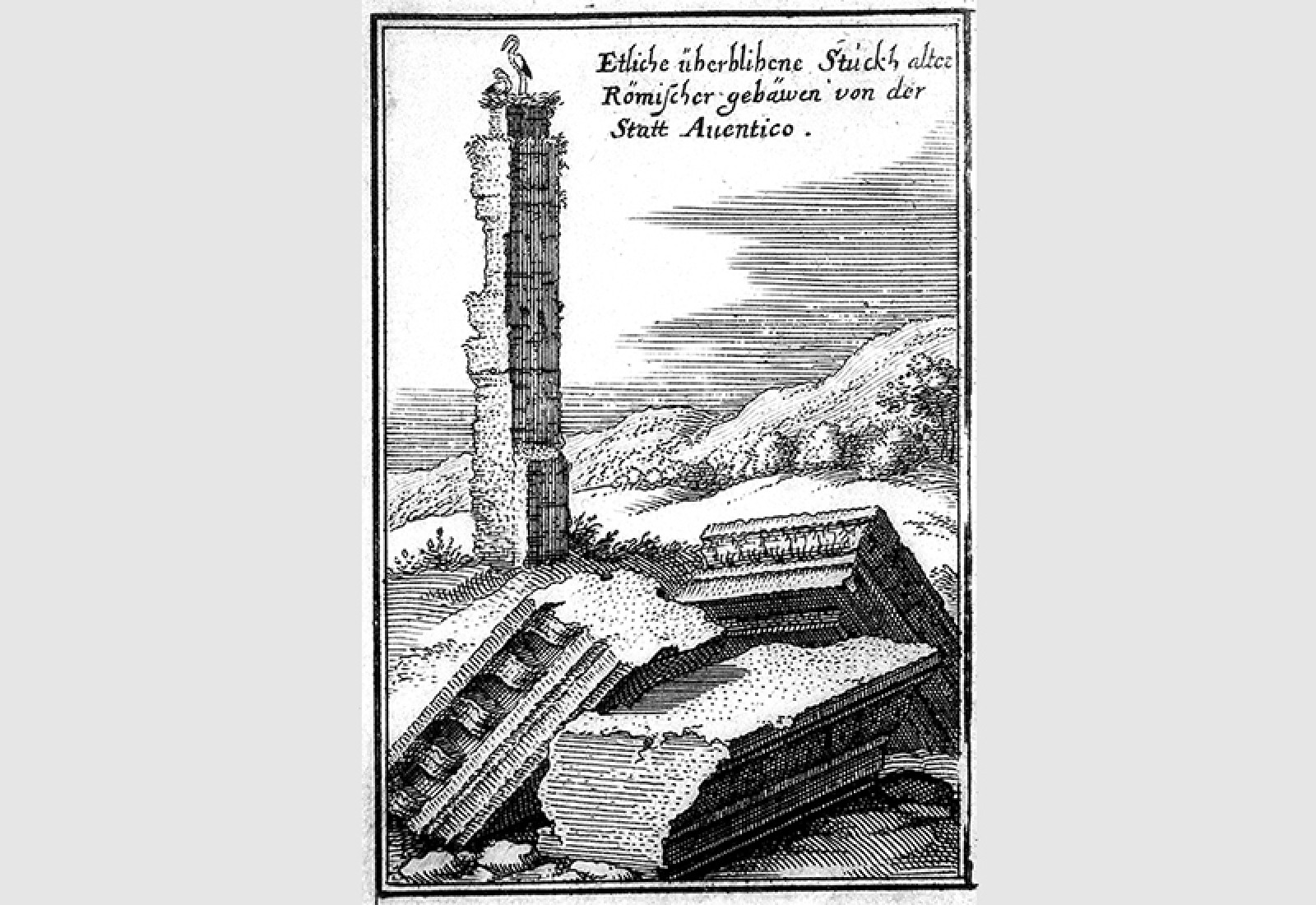 Gravure des ruines du temple par Matthäus Merian l'Ancien en 1642, avec le nid de cigognes au sommet de la colonne