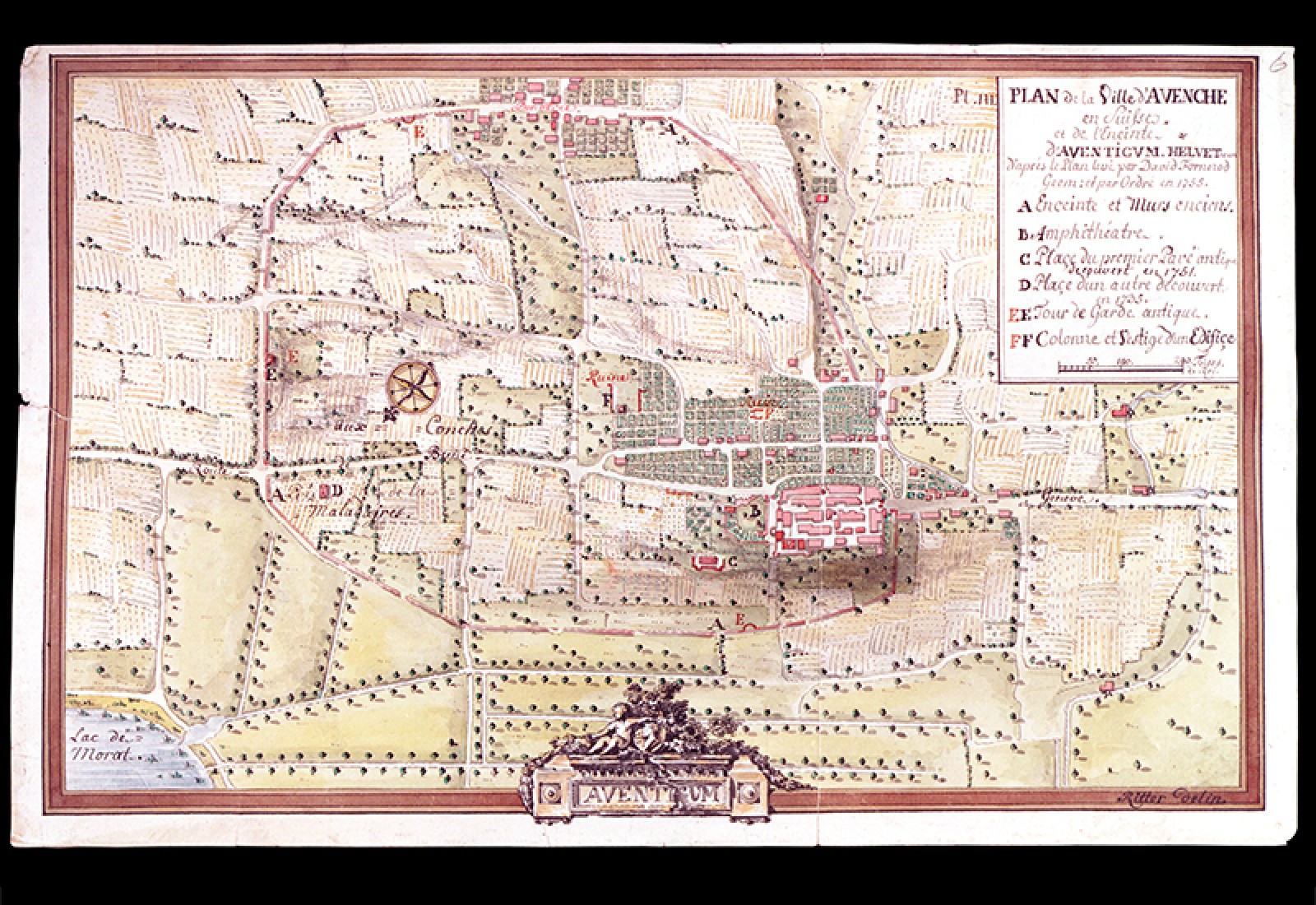Plan de la ville d'Avenches par Erasmus Ritter (après 1755), d'après le plan établi par David Fornerod