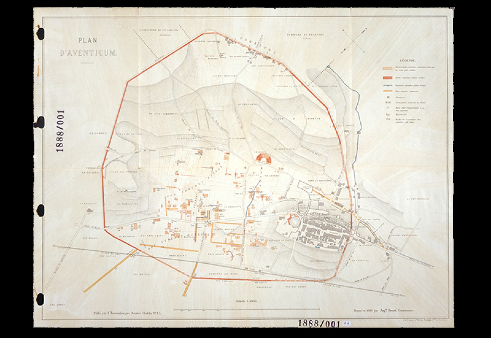 Premier plan archéologique d'Avenches, sur un extrait du plan cadastral, par Auguste Rosset (1888)