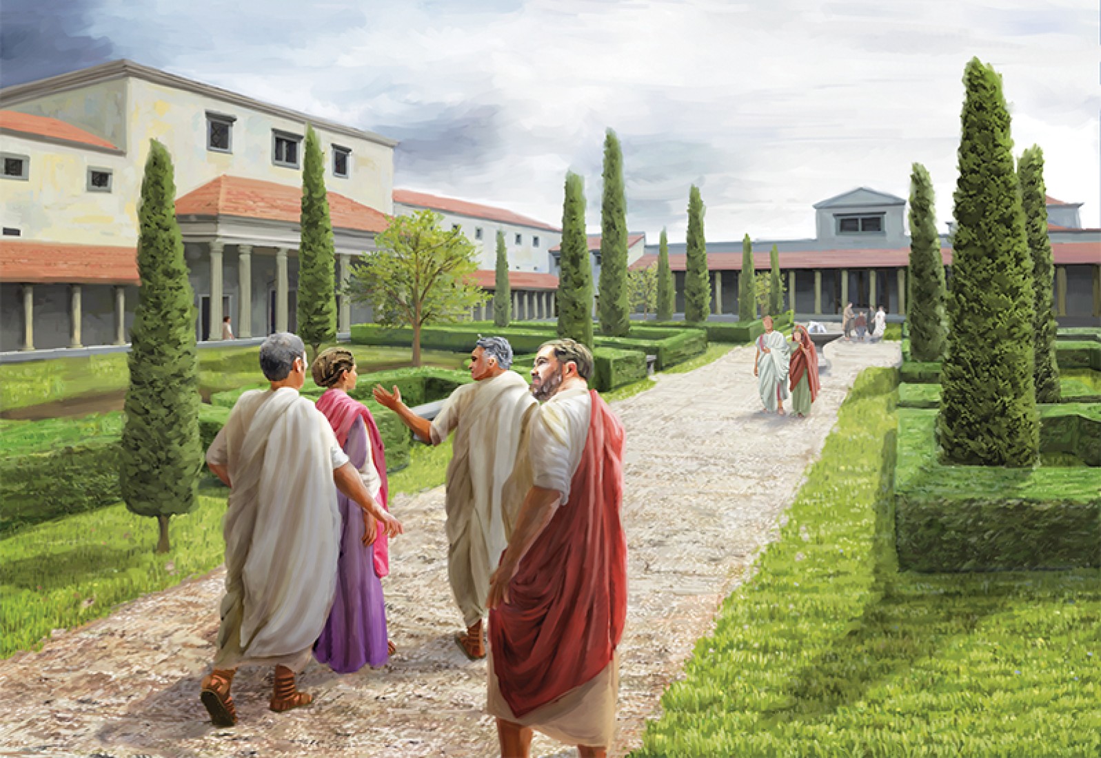 Scène de vie dans la grande cour-jardin du palais. Illustration Ph. Bürli