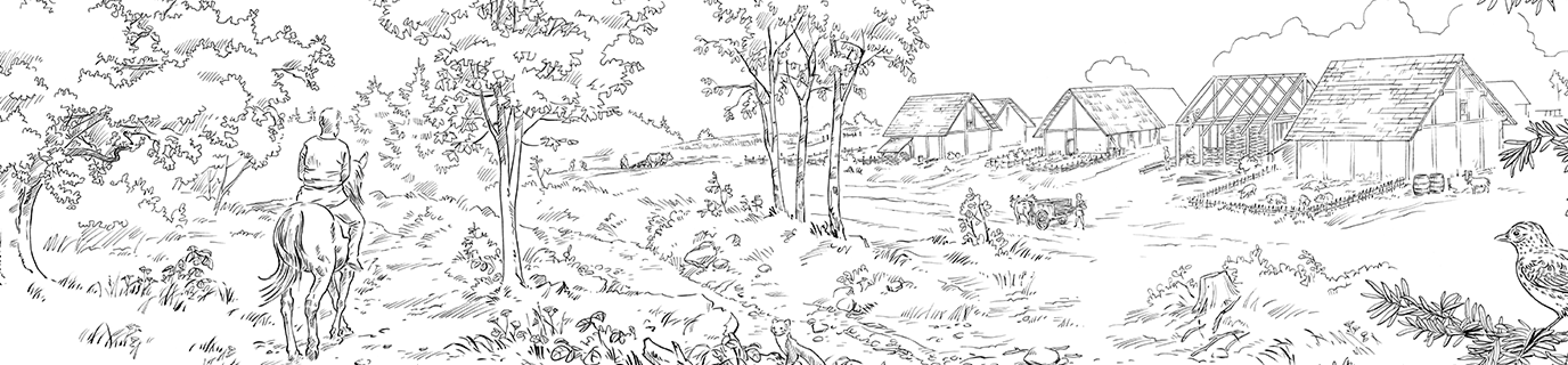 Dessin d'évocation d'un village gaulois et de son environnement