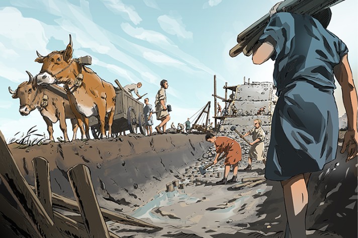 Évocation du chantier de construction de la muraille. Illustration B. Reymond