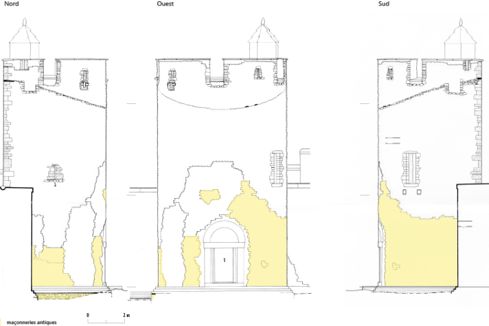 Dessin des élévations des façades, avec en jaune les parties originales de l'époque romaine