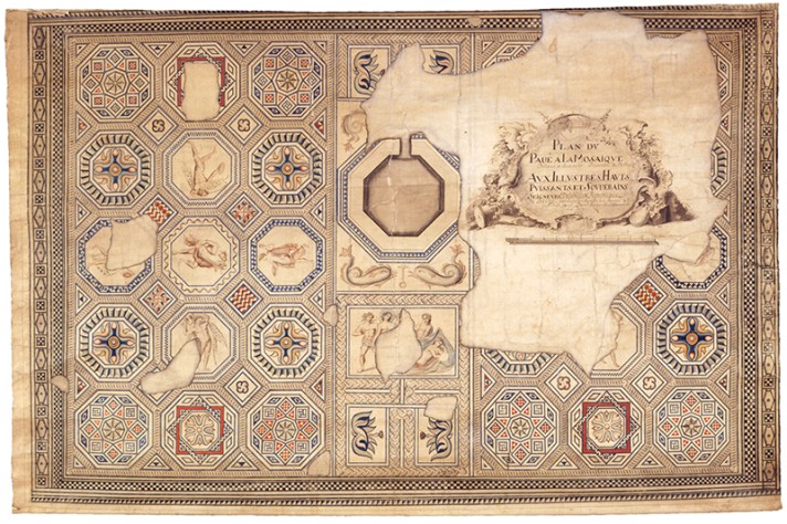 Relevé de la mosaïque de Bacchus et Ariane réalisé par le géomètre David Fornerod en 1752