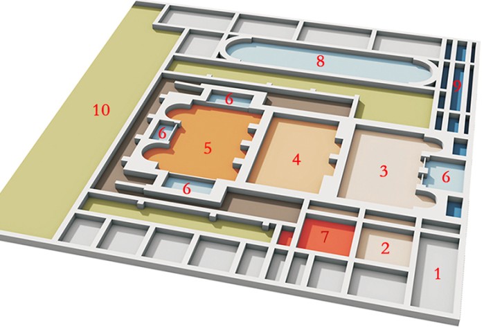 Plan de la phase récente (120 ap. J.-C.): 1- entrée? 2- vestiaire? 3- salle froide (frigidarium). 4- salle tempérée (tepidarium). 5- salle chaude (caldarium). 6- bassins. 7- sauna (sudatorium)? 8- cour avec piscine (natatio)? 9- réservoir. 10- palestre