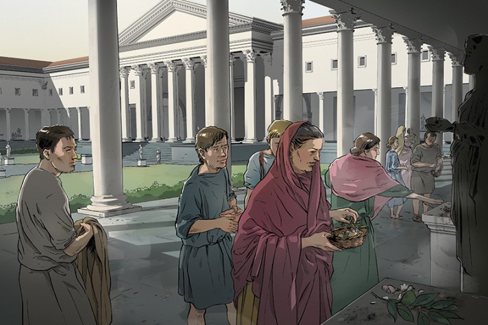 Scène d'offrande sous le portique à colonnade. Illustration B. Reymond