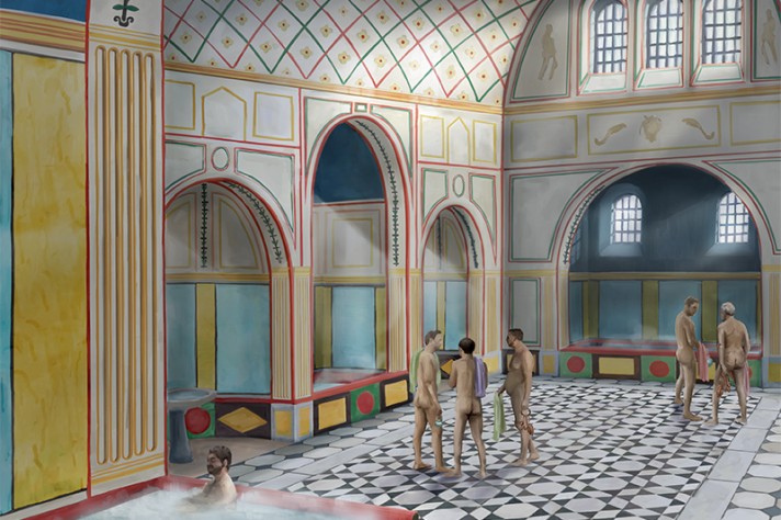 La salle chaude (caldarium), richement décorée, avec ses bassins de baignade. Illustration Ph. Bürli