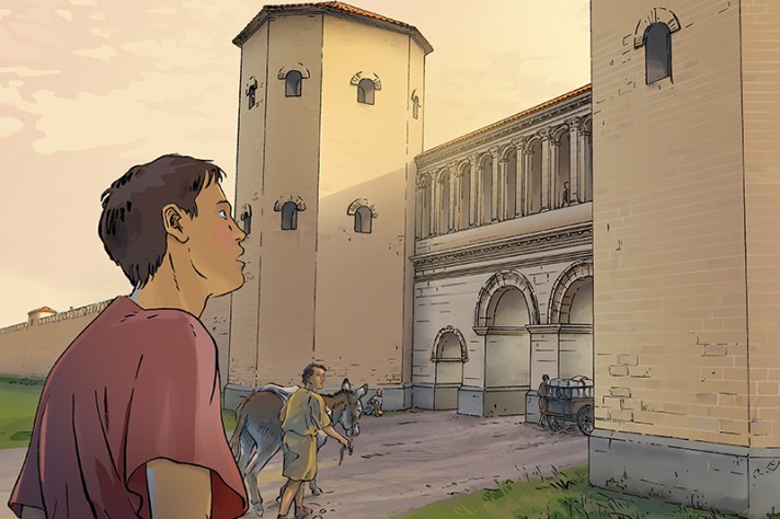 En position dominante sur les coteaux, la porte de l'Est est un ouvrage monumental. Illustration B. Reymond